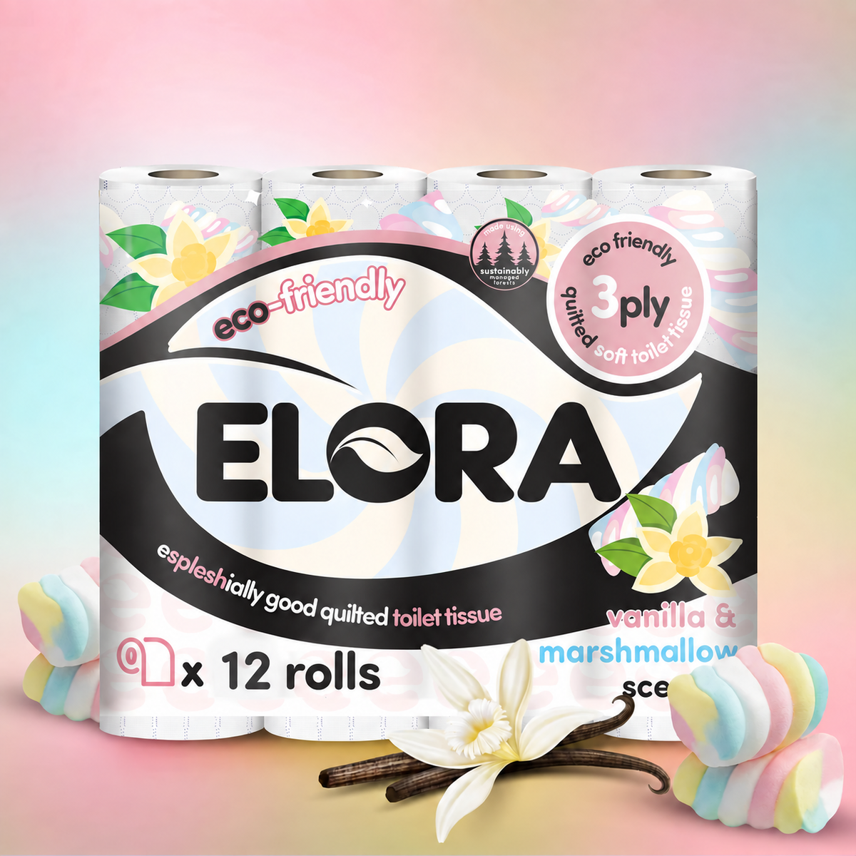 Elora Eco-Friendly 3-Ply Toilet Tissue – Vanilla & Marshmallow Scent