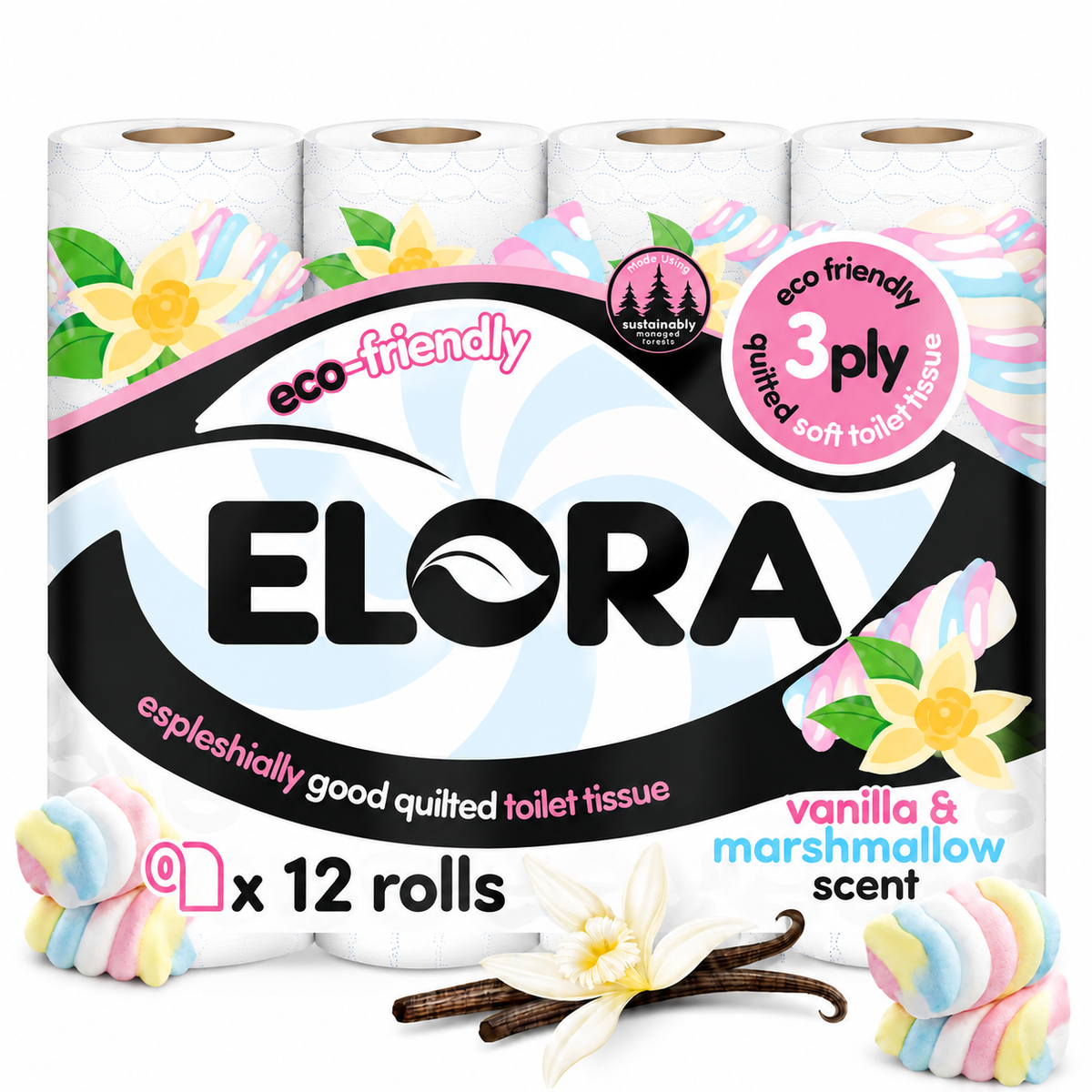 Elora Eco-Friendly 3-Ply Toilet Tissue – Vanilla & Marshmallow Scent