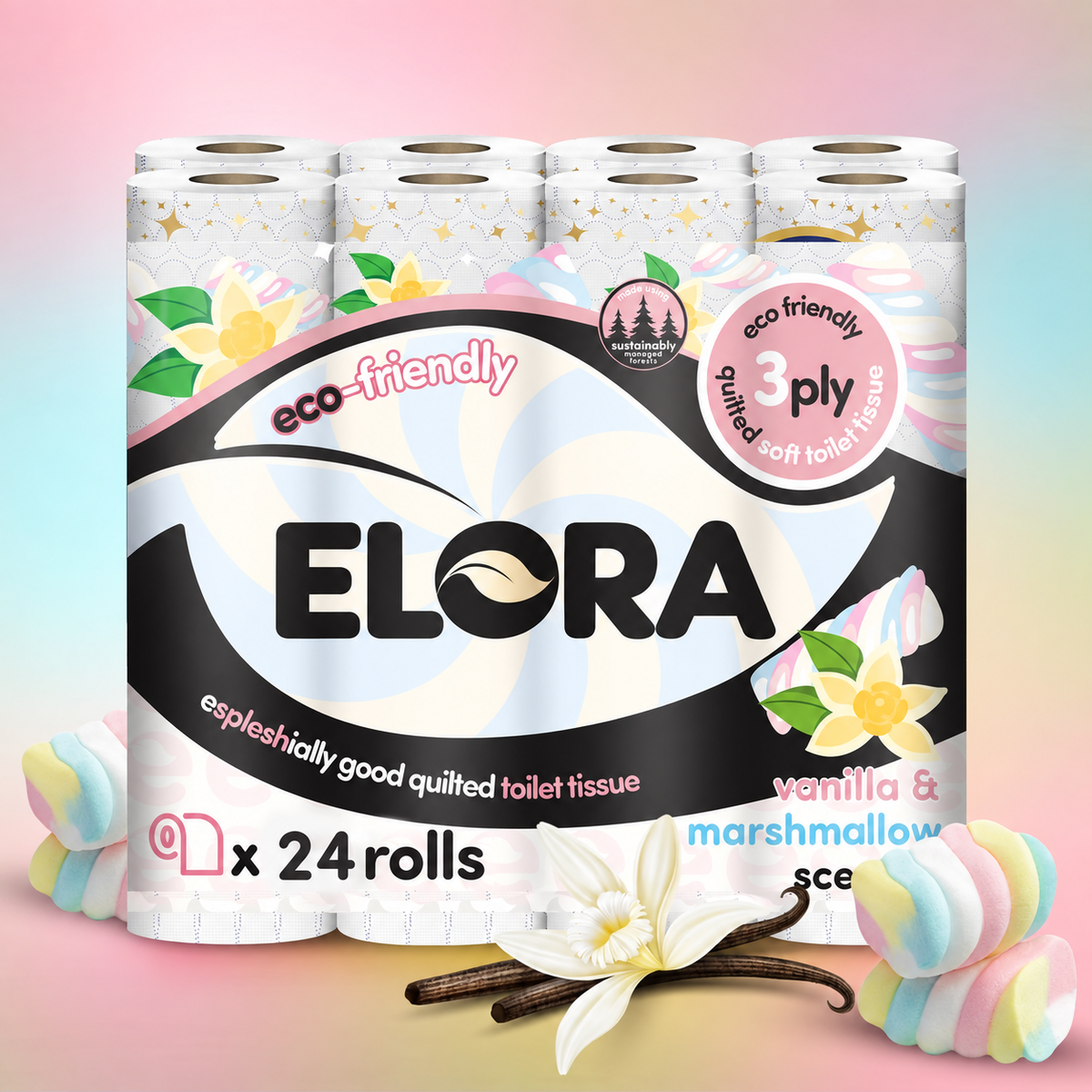Elora Eco-Friendly 3-Ply Toilet Tissue – Vanilla & Marshmallow Scent