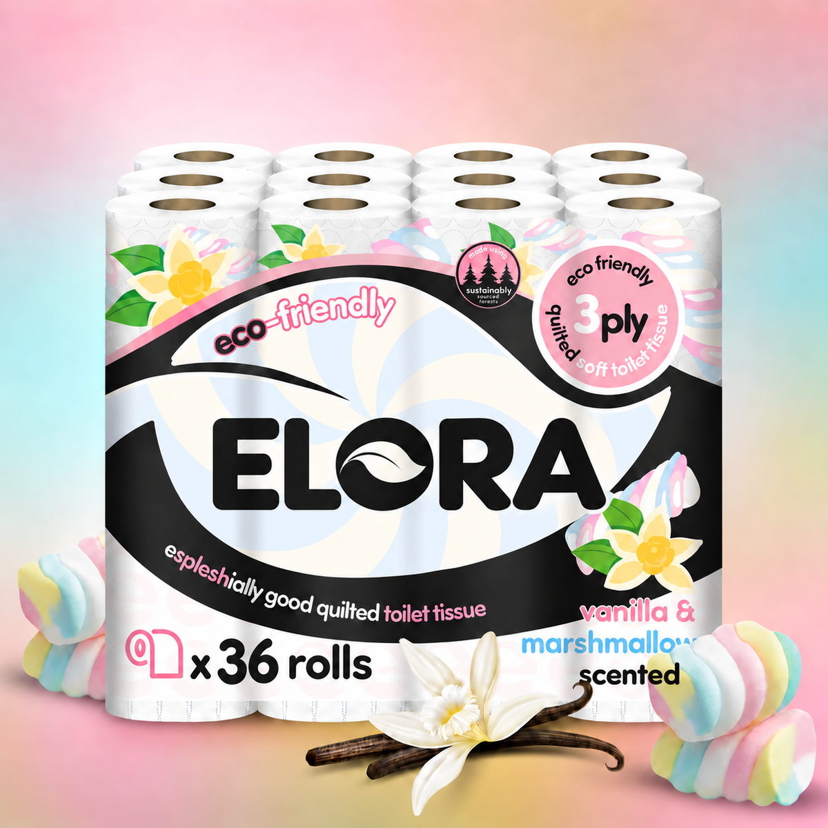 Elora Eco-Friendly 3-Ply Toilet Tissue – Vanilla & Marshmallow Scent